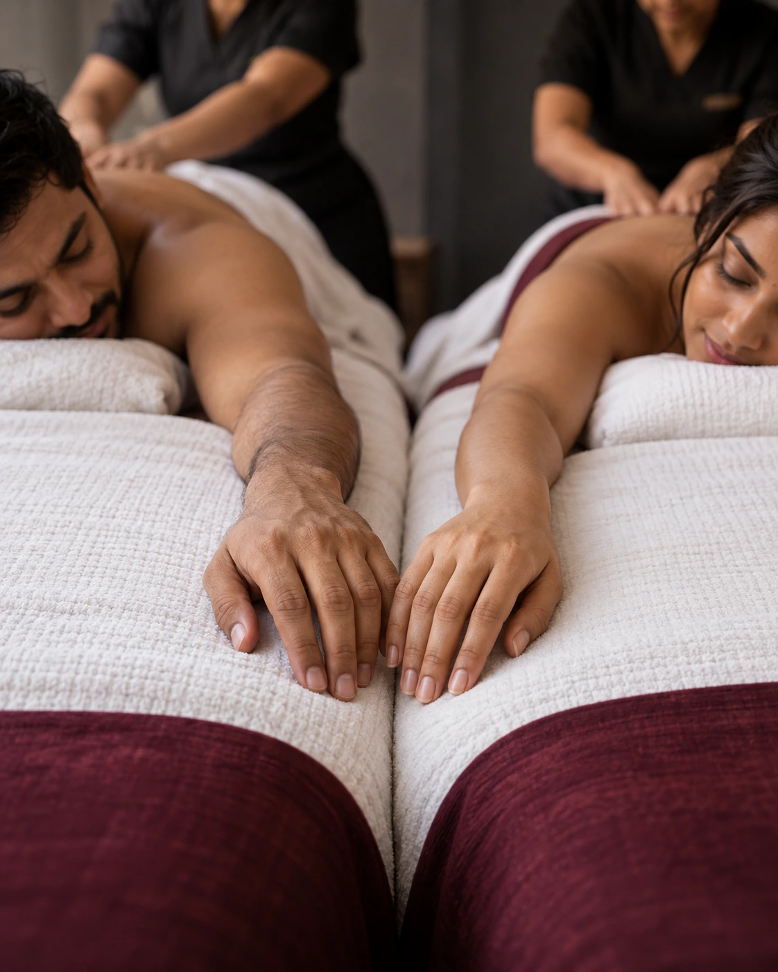 Two guests resting their hands together on white linen
