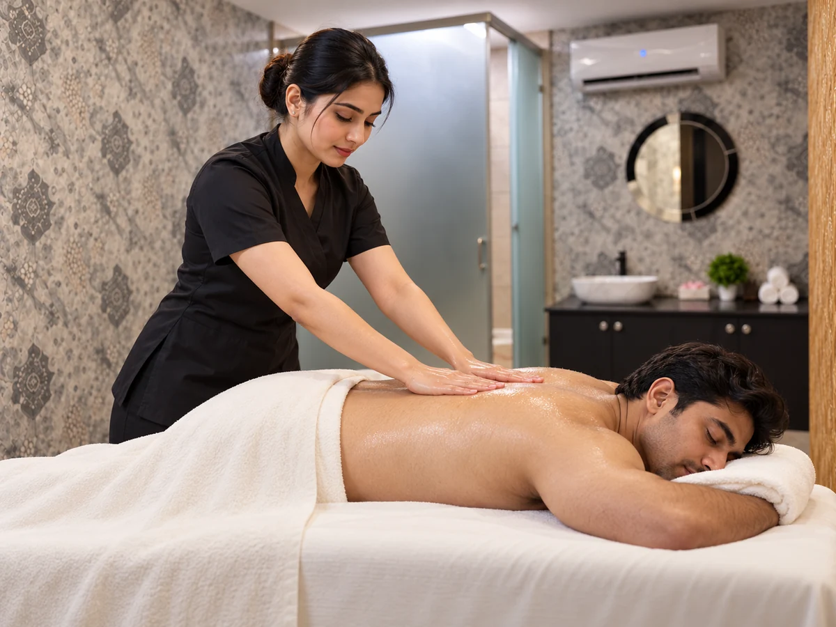 Therapist using flowing palm strokes on a guest’s upper back