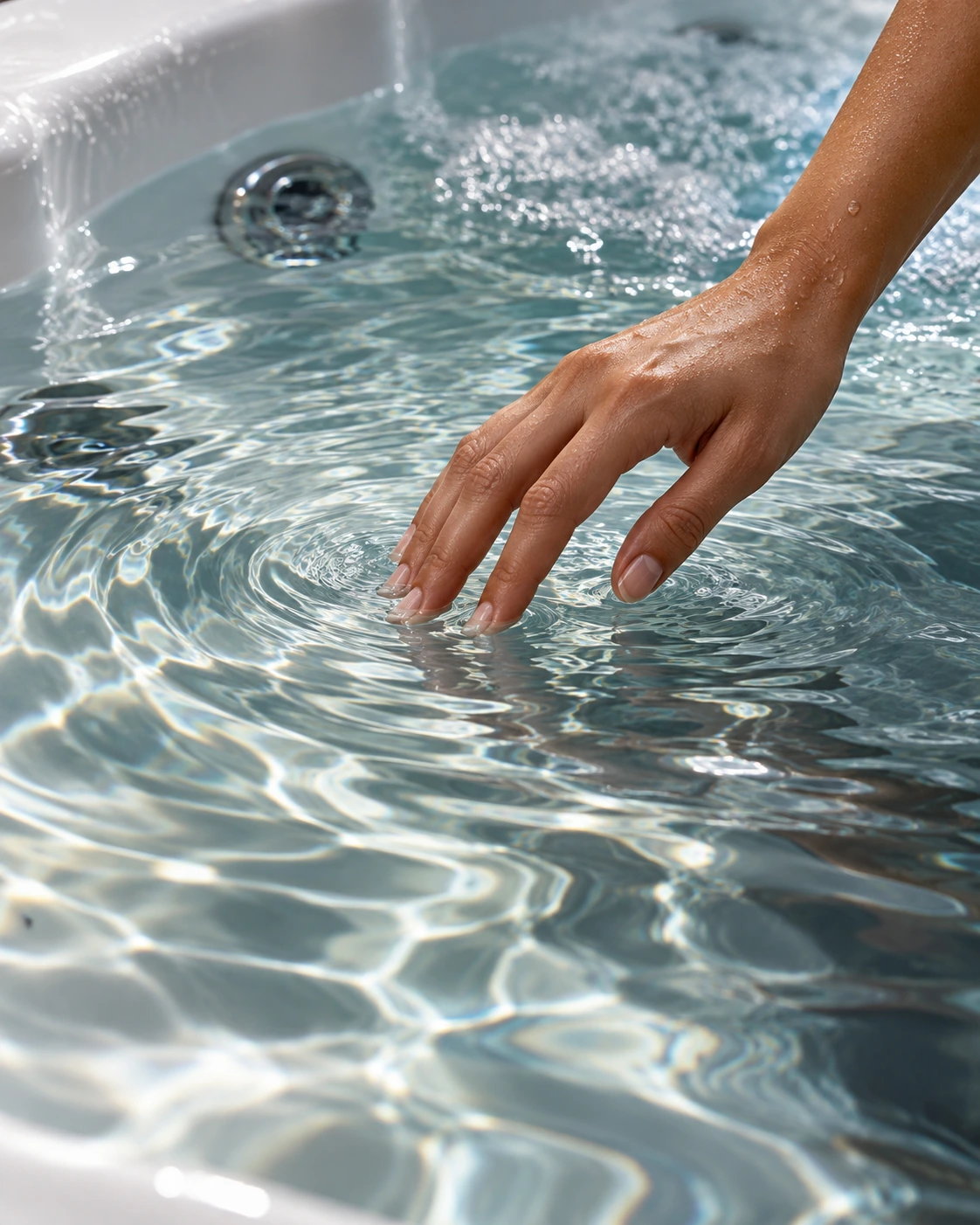A hand drawing overlapping ripples in Jacuzzi water