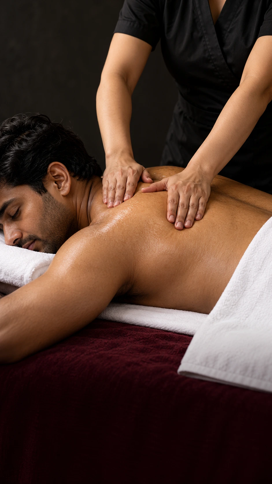Hands working across a guest’s shoulders