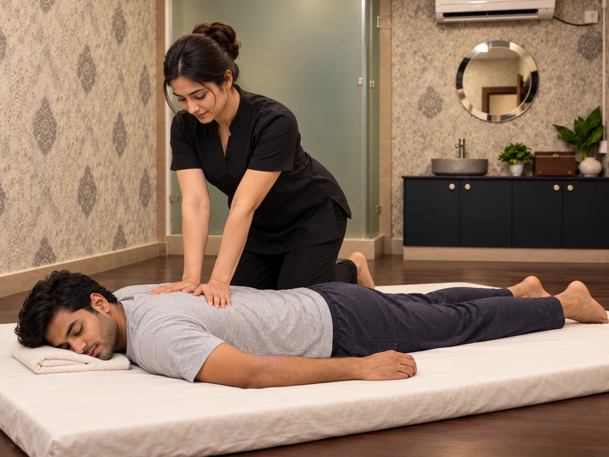 Clothed Thai palm compression with the guest resting fully supported on a mat